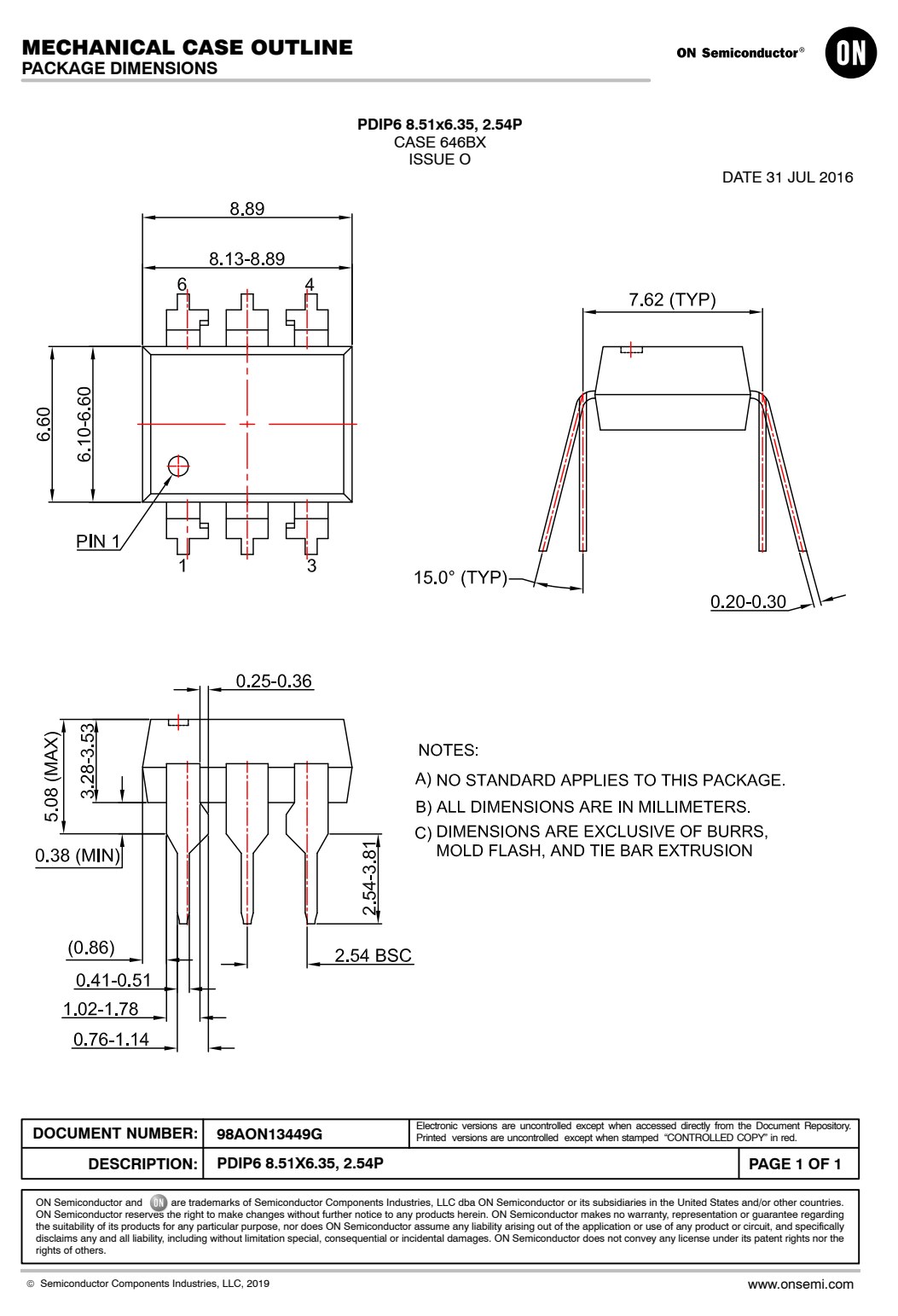 规格尺寸:CASE 646BX(PDIP6 8.51×6.35,2.54P)
